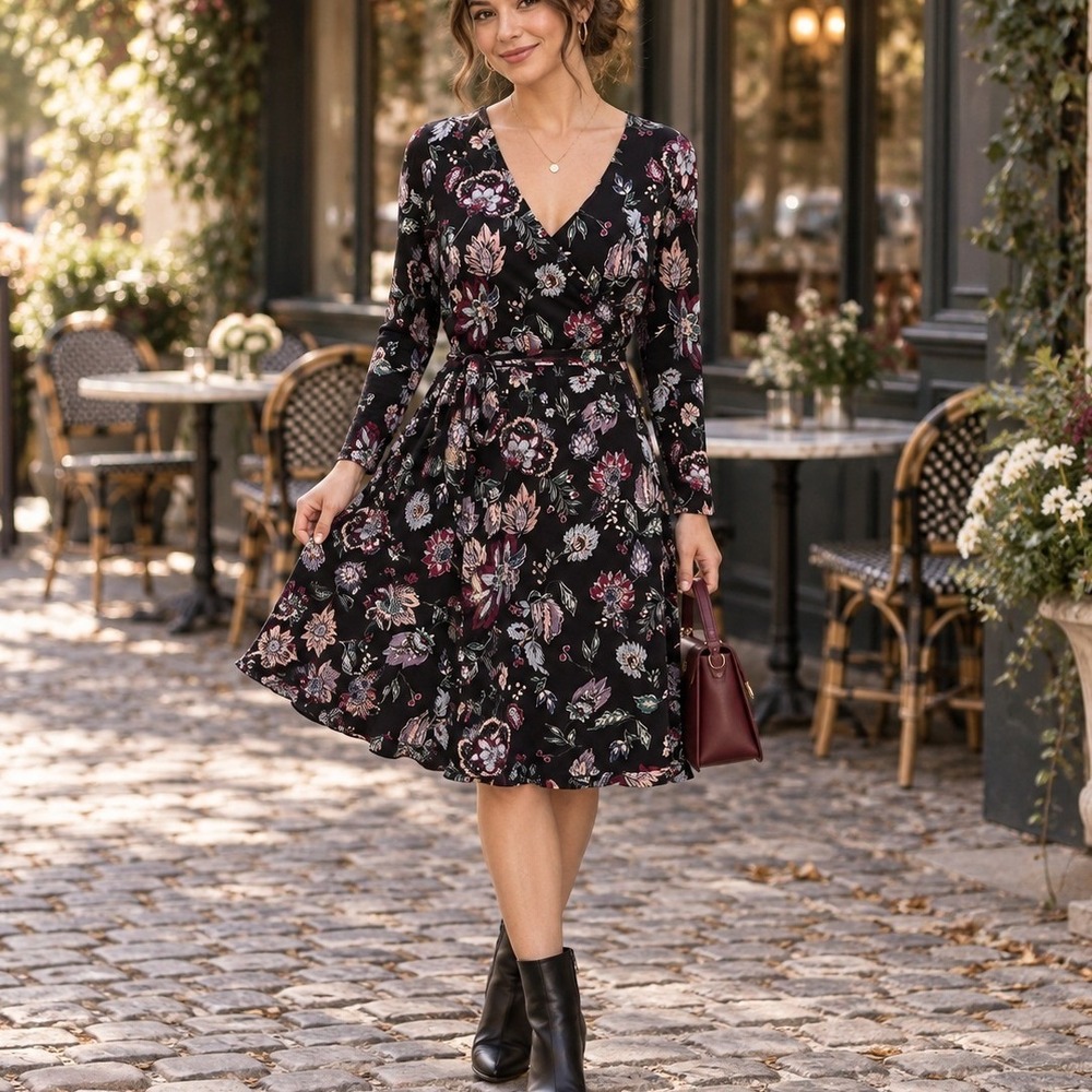 Leota Womens Black Floral Long Sleeve Faux Wrap Ruffle Hem Belted Large Petite
